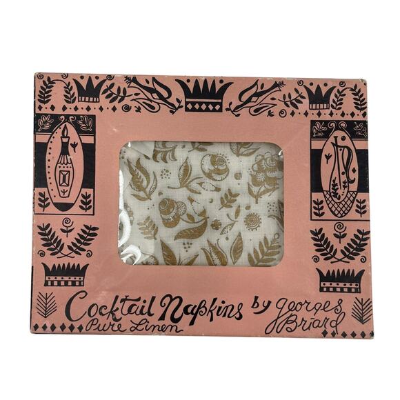 VINTAGE GEORGES BRIARD Cocktail Napkins x 8 Pure Linen Gold New in Box Bar Drink - Picture 1 of 12